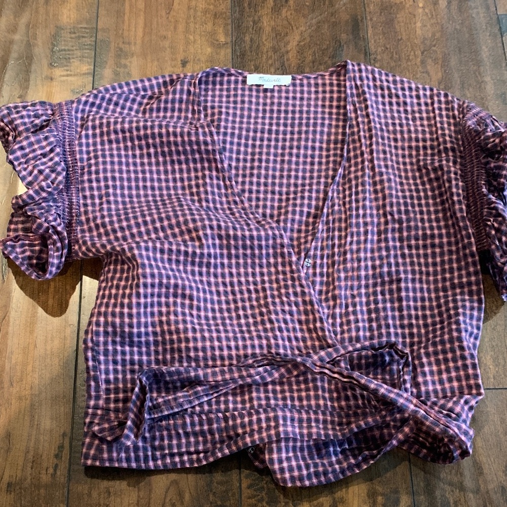 Madewell Purple Plaid Ruffle Sleeve Blouse